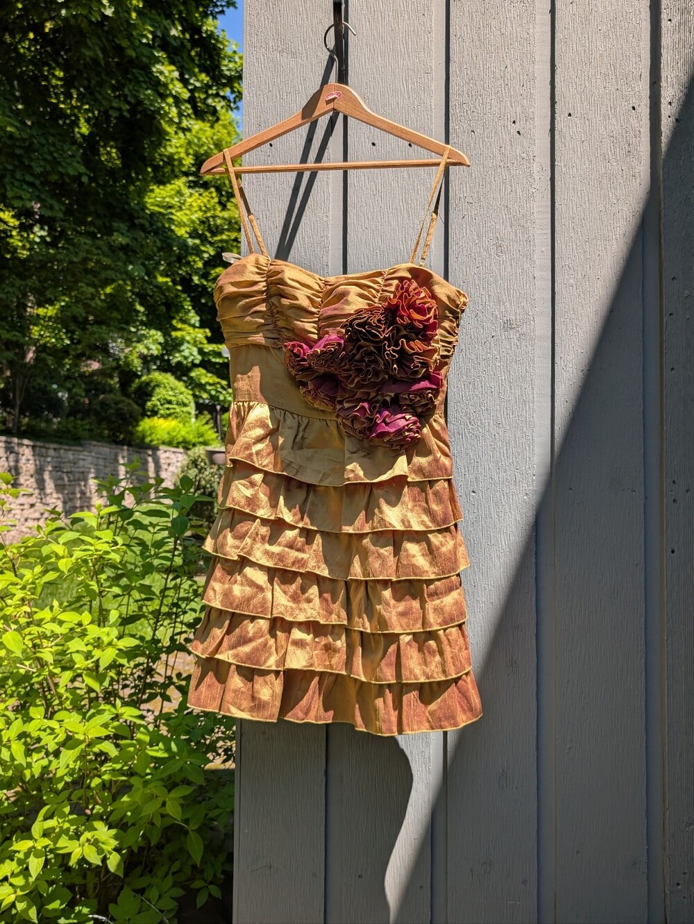 Twelve by Twelve Gold Tiered Ruffle Mini Dress with Pink Accent